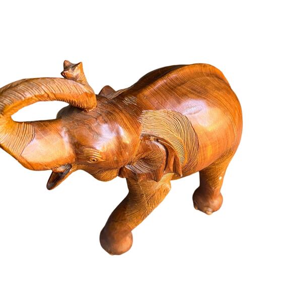 Vintage Hand Carved Large Wooden Elephant Staue Sculpture Trunk Up - Picture 7 of 12